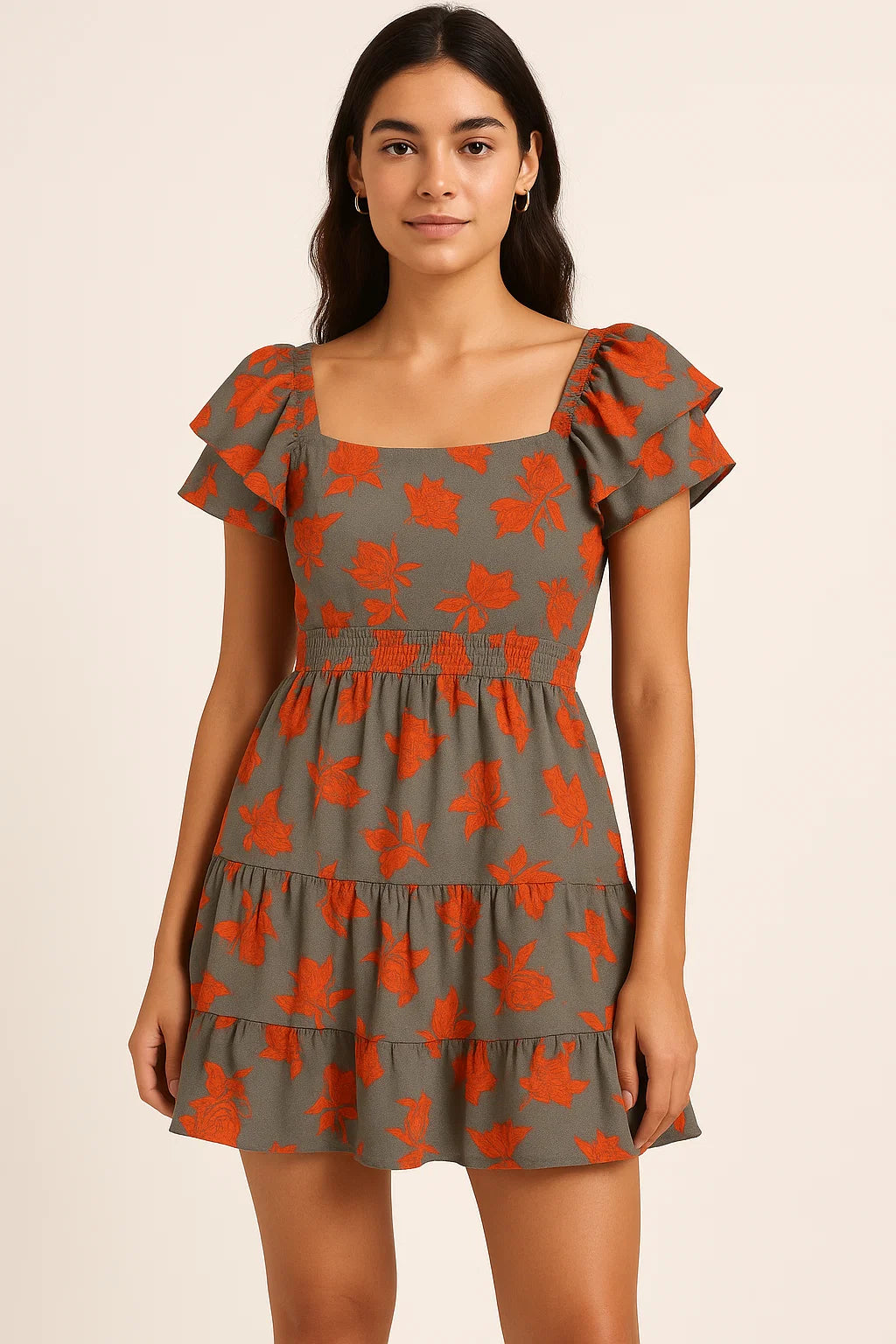 Tulips Roses With Orange Colour Digital Printed Fabric - Pure Cotton