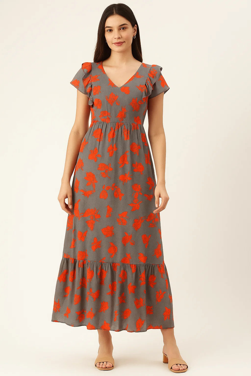 Tulips Roses With Orange Colour Digital Printed Fabric - Pure Cotton