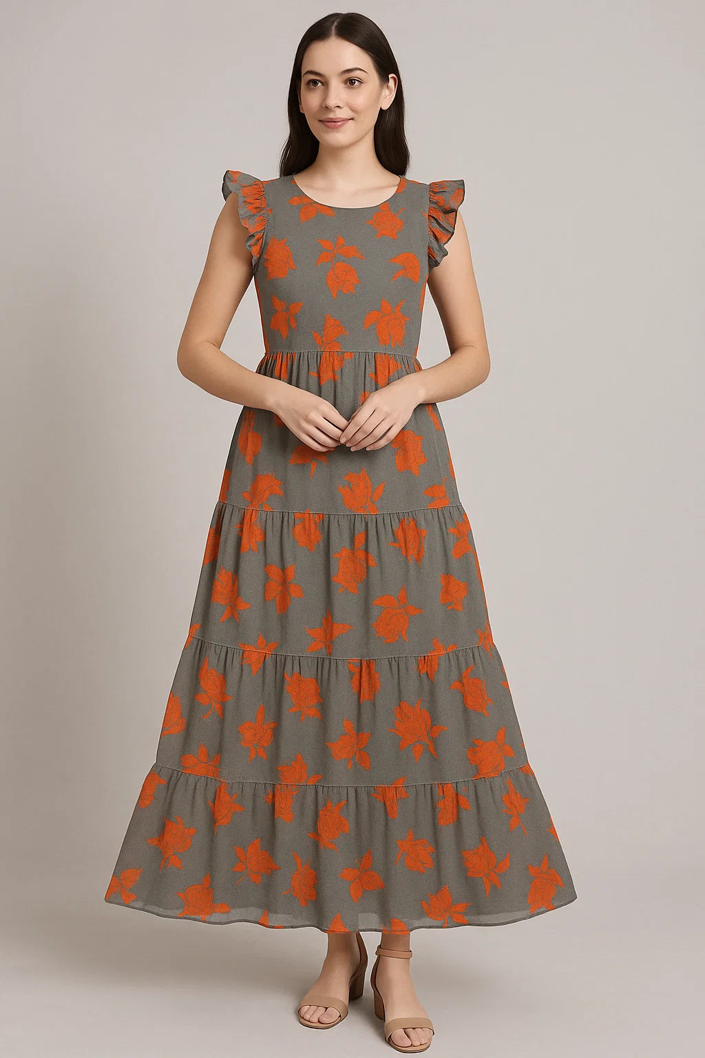 Tulips Roses With Orange Colour Digital Printed Fabric - Pure Cotton