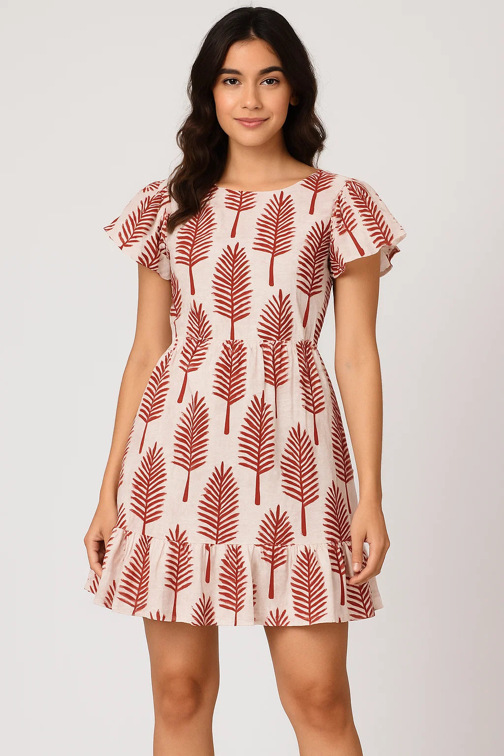 Red Pedate Leafs Digital Printed Fabric - Pure Cotton