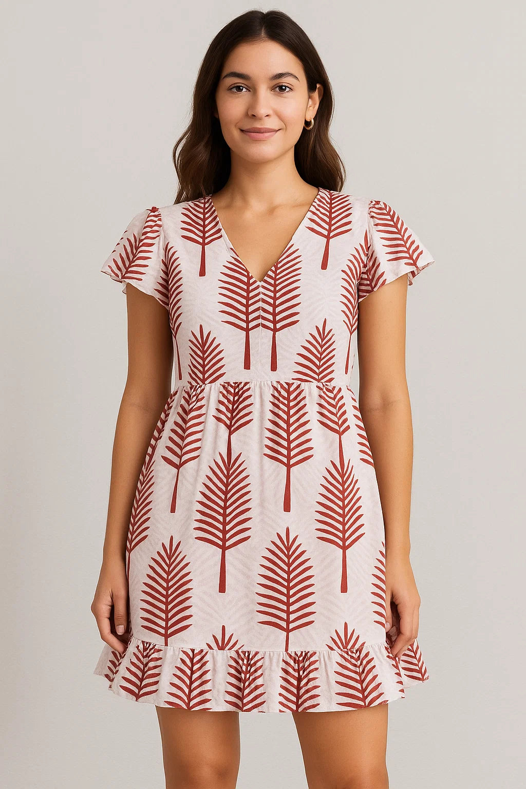 Red Pedate Leafs Digital Printed Fabric - Pure Cotton