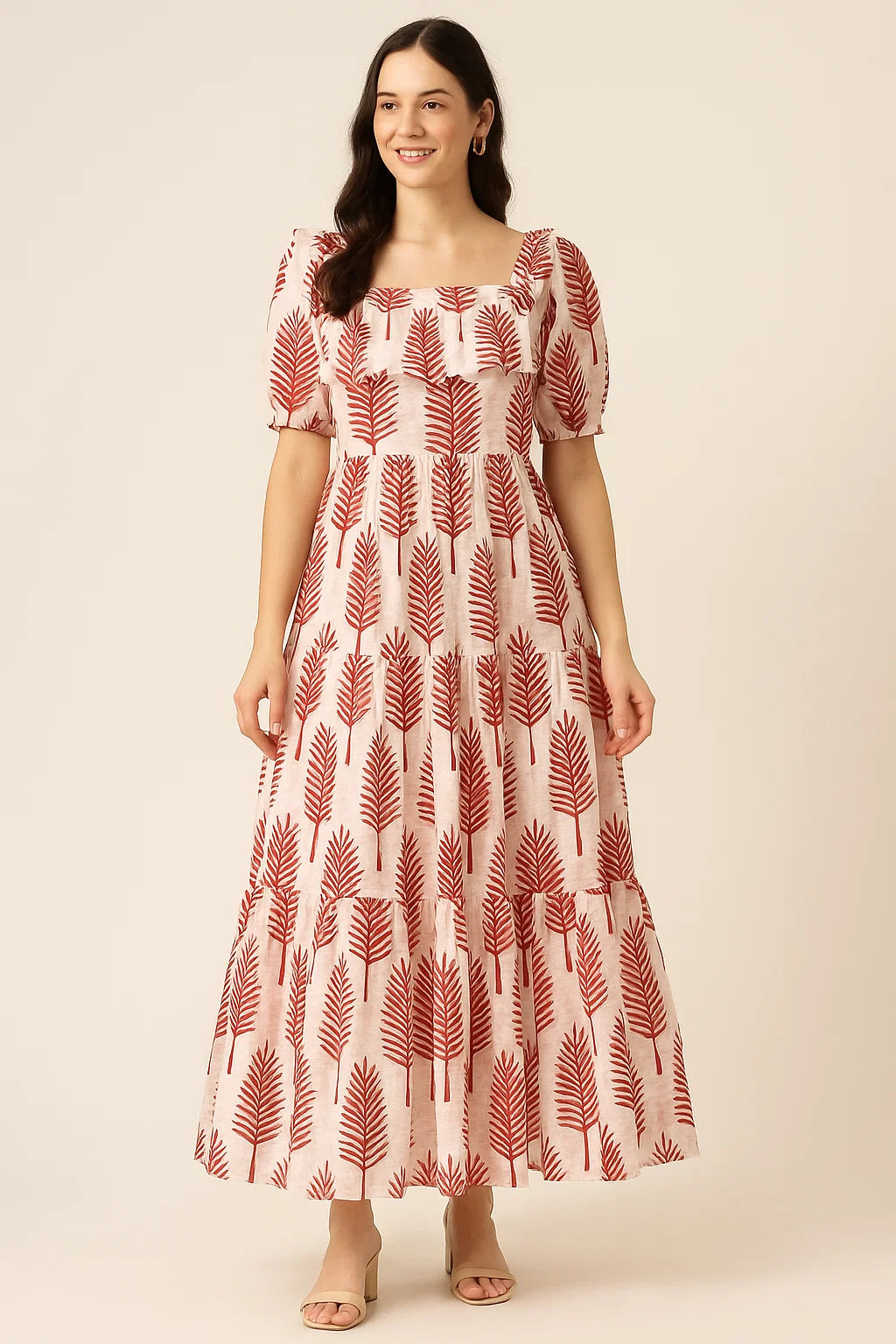 Red Pedate Leafs Digital Printed Fabric - Pure Cotton