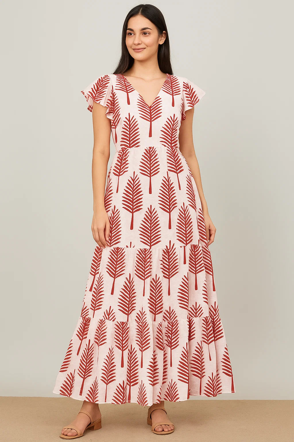 Red Pedate Leafs Digital Printed Fabric - Pure Cotton