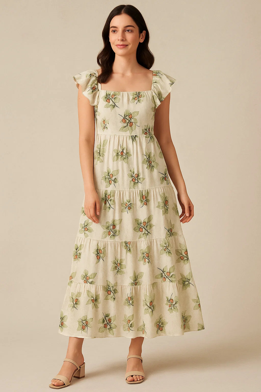 Colico Bunch Green With Orange Seads Digital Printed Fabric - Pure Cotton