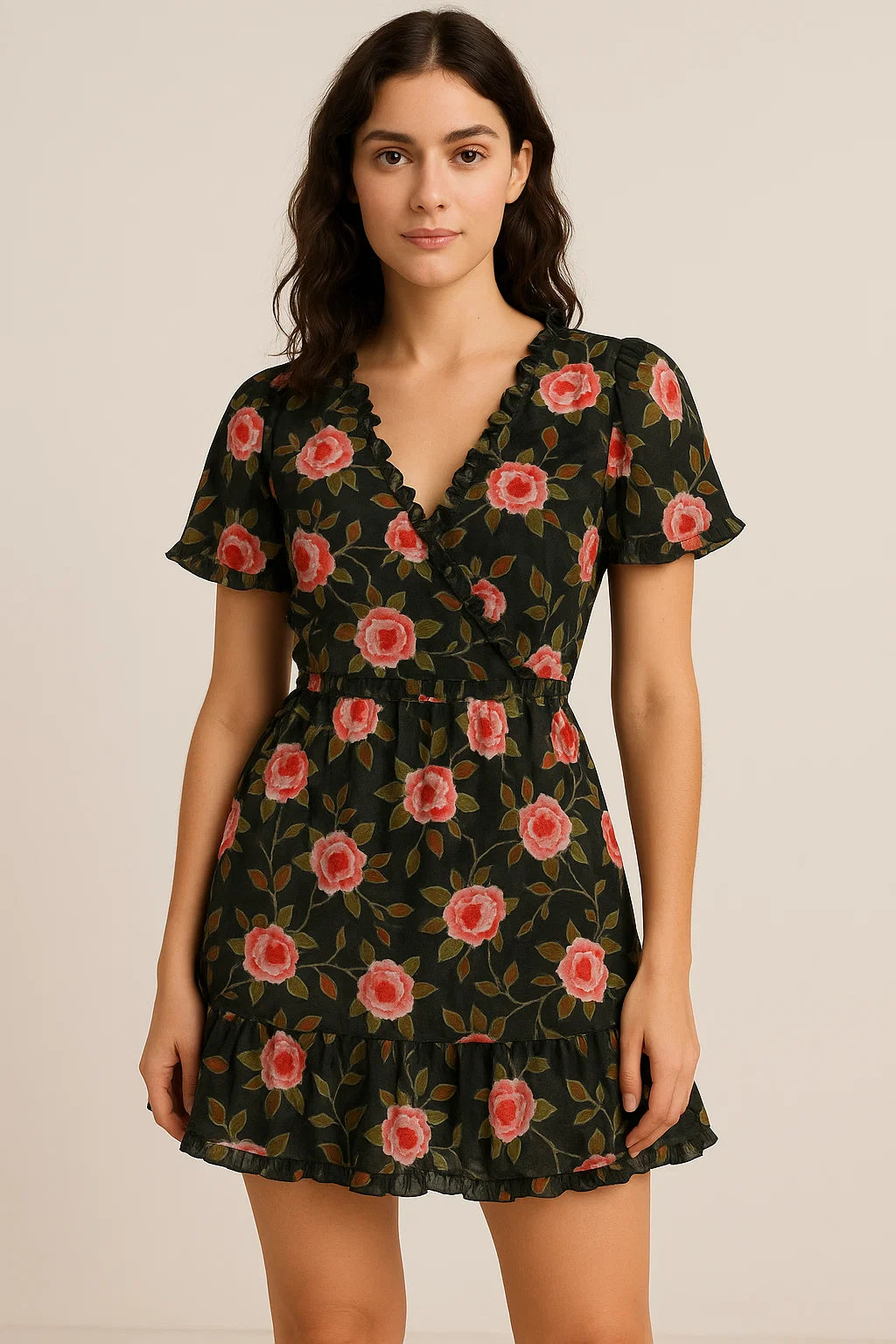 Ditsy Pink Rose With Green Leaves Digital Printed Fabric - Pure Cotton