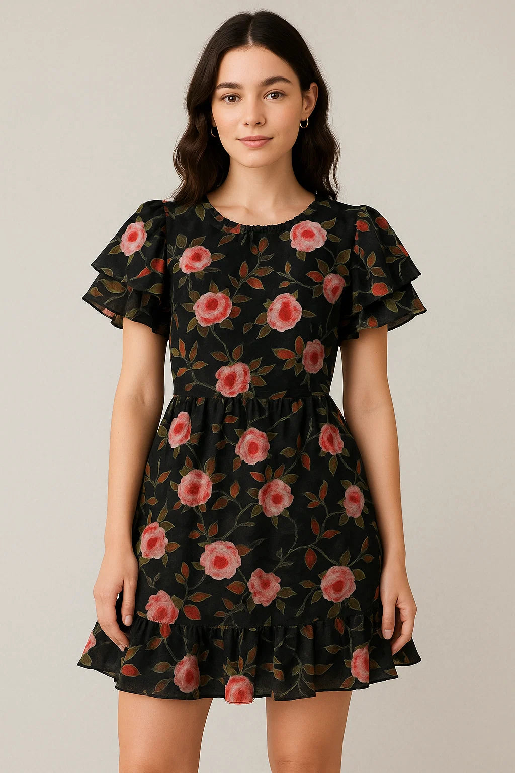 Ditsy Pink Rose With Green Leaves Digital Printed Fabric - Pure Cotton