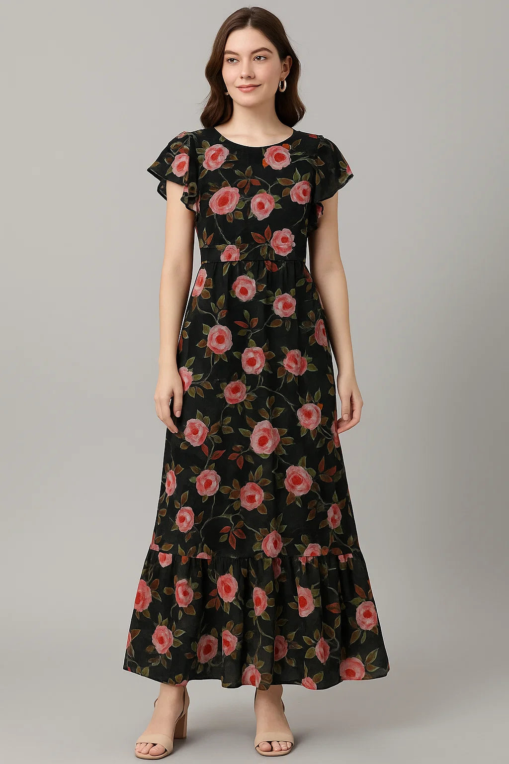 Ditsy Pink Rose With Green Leaves Digital Printed Fabric - Pure Cotton