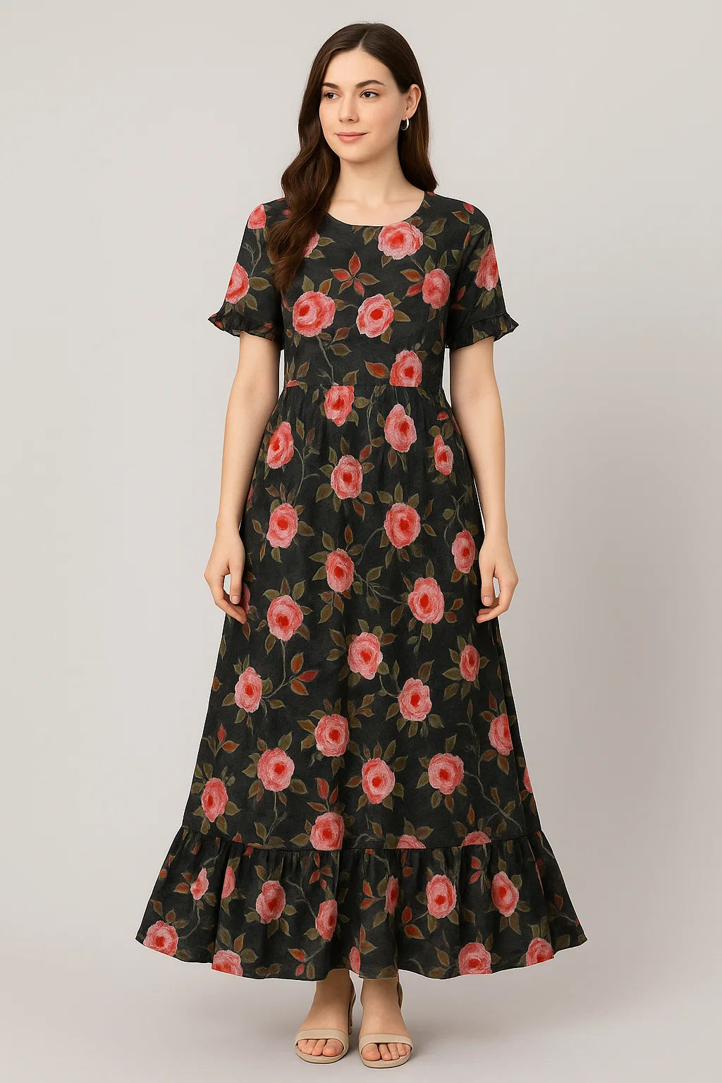 Ditsy Pink Rose With Green Leaves Digital Printed Fabric - Pure Cotton