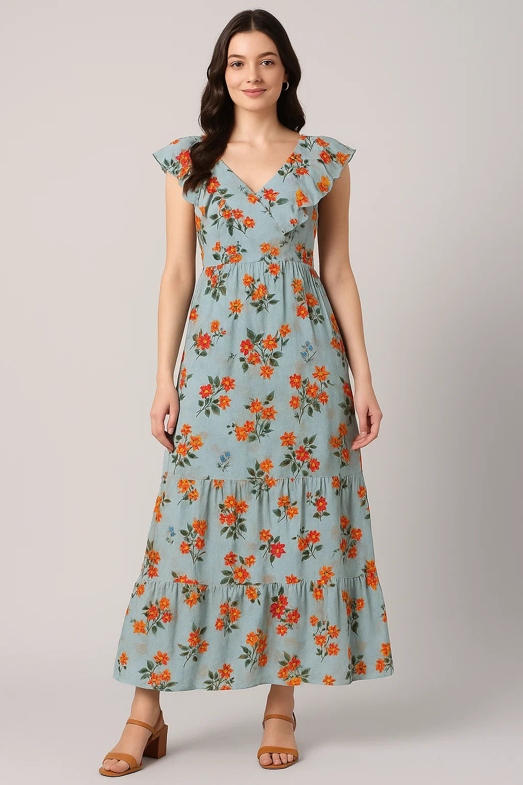 Floating Yellow Sunflower With Green Leaves Digital Printed Fabric - Pure Cotton