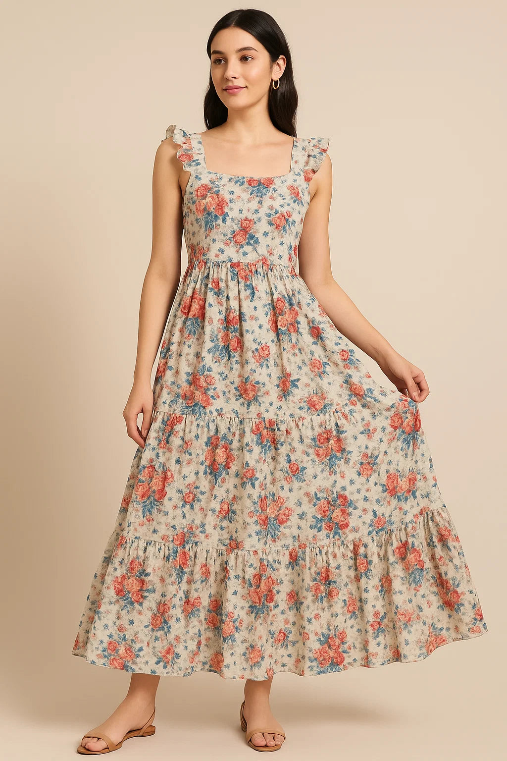 Beautiful Ditsy Flowers On Blue Digital Printed Fabric - Pure Cotton