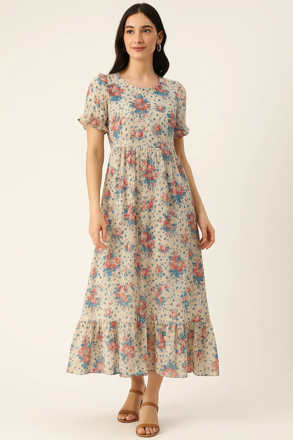 Beautiful Ditsy Flowers On Blue Digital Printed Fabric - Pure Cotton