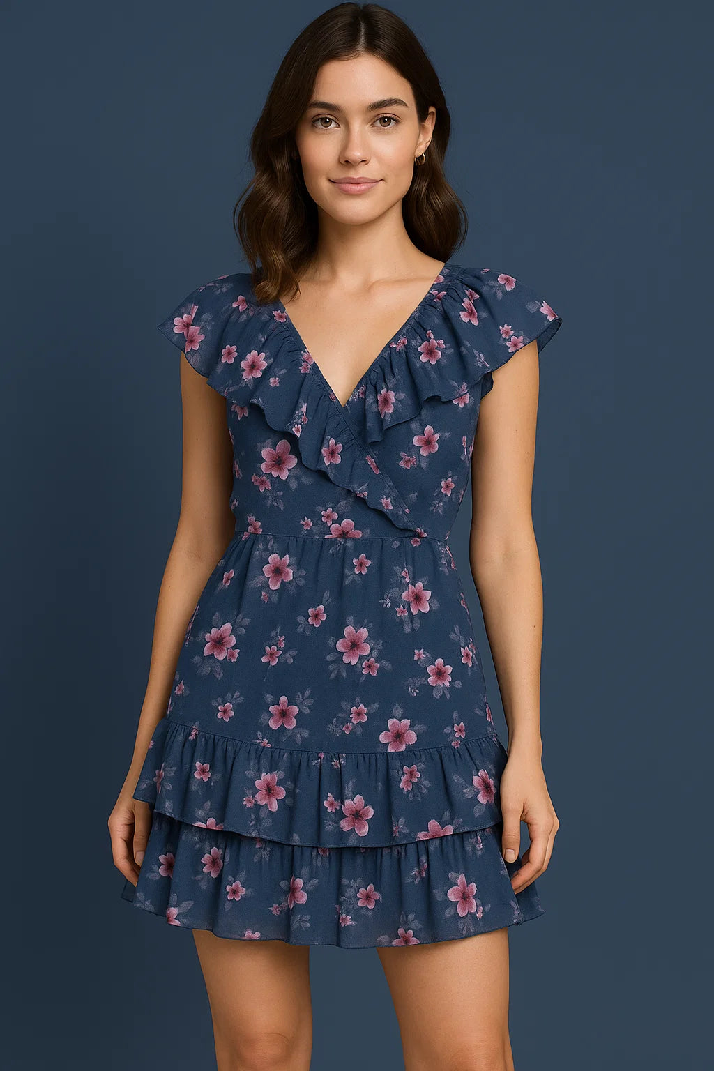 Pinkish Flowers With Neavy Blue Digital Printed Fabric - Pure Cotton