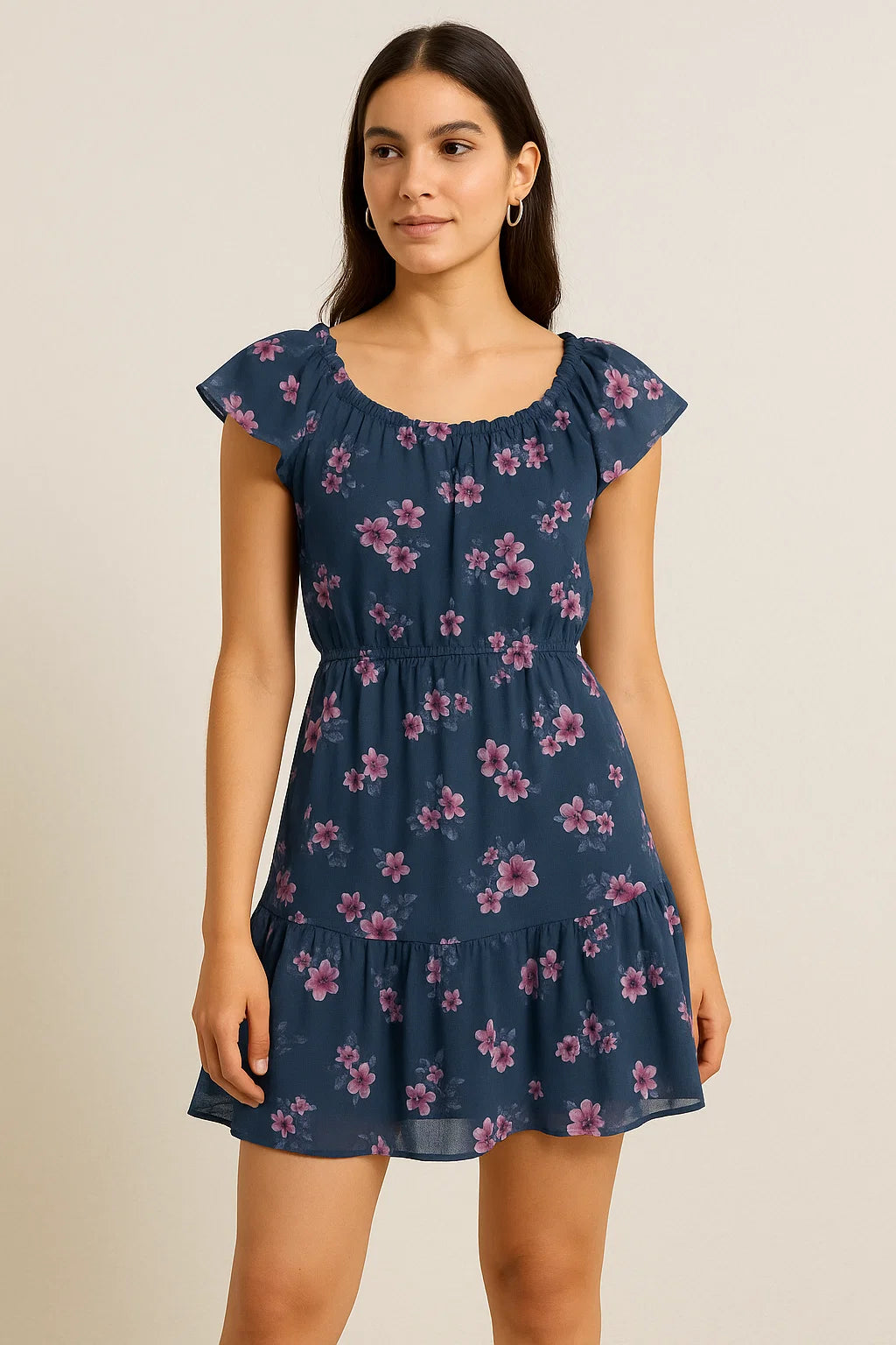 Pinkish Flowers With Neavy Blue Digital Printed Fabric - Pure Cotton