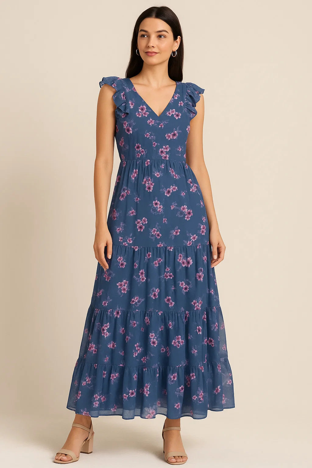 Pinkish Flowers With Neavy Blue Digital Printed Fabric - Pure Cotton