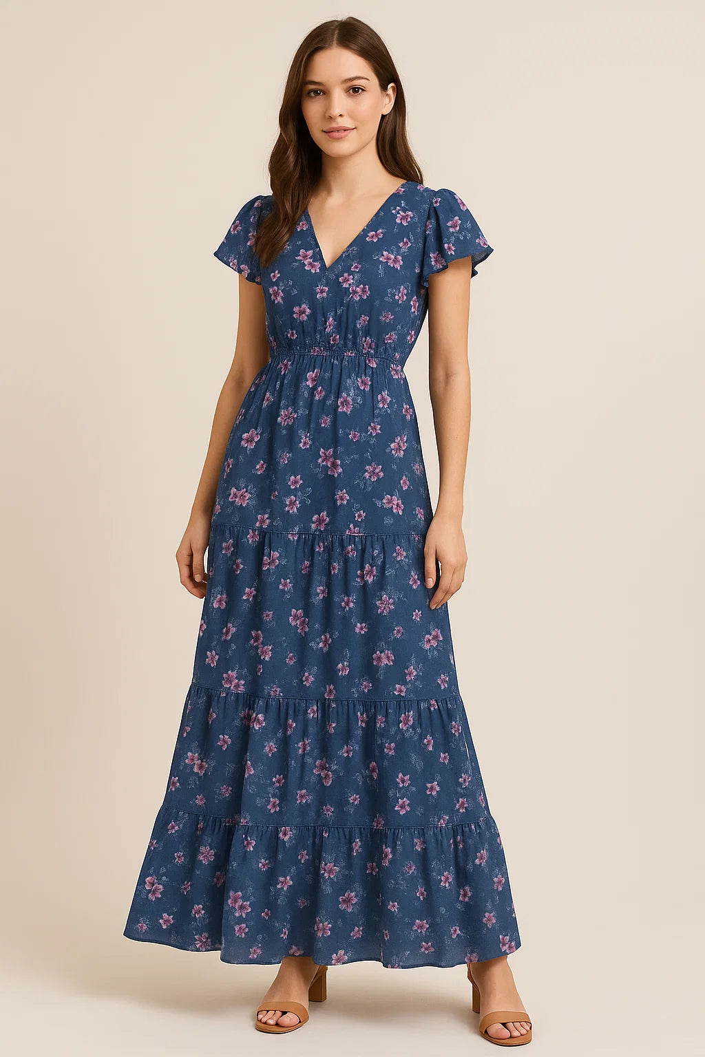 Pinkish Flowers With Neavy Blue Digital Printed Fabric - Pure Cotton