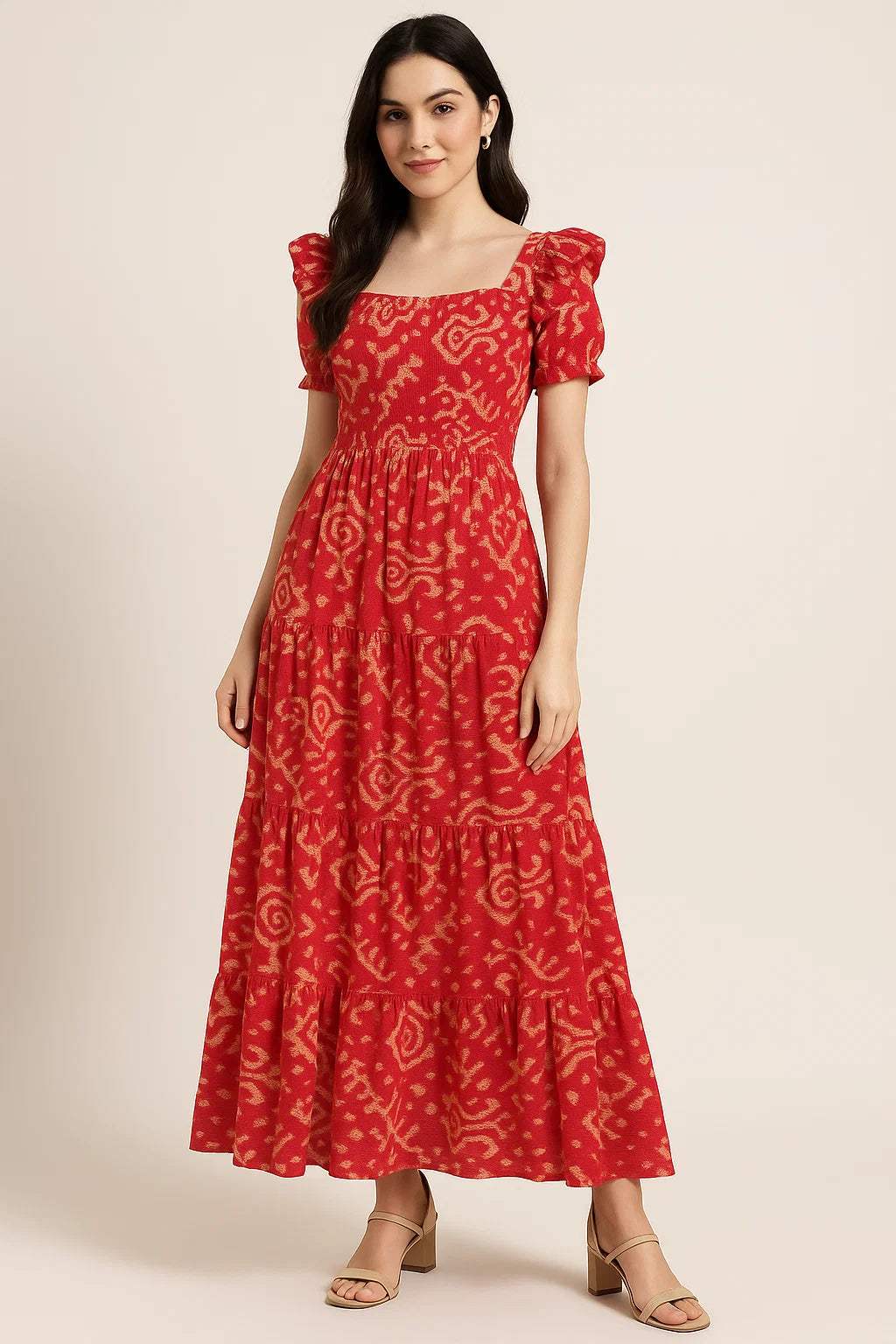 Tribal Prints On Carrot Red Digital Printed Fabric  - Pure Cotton