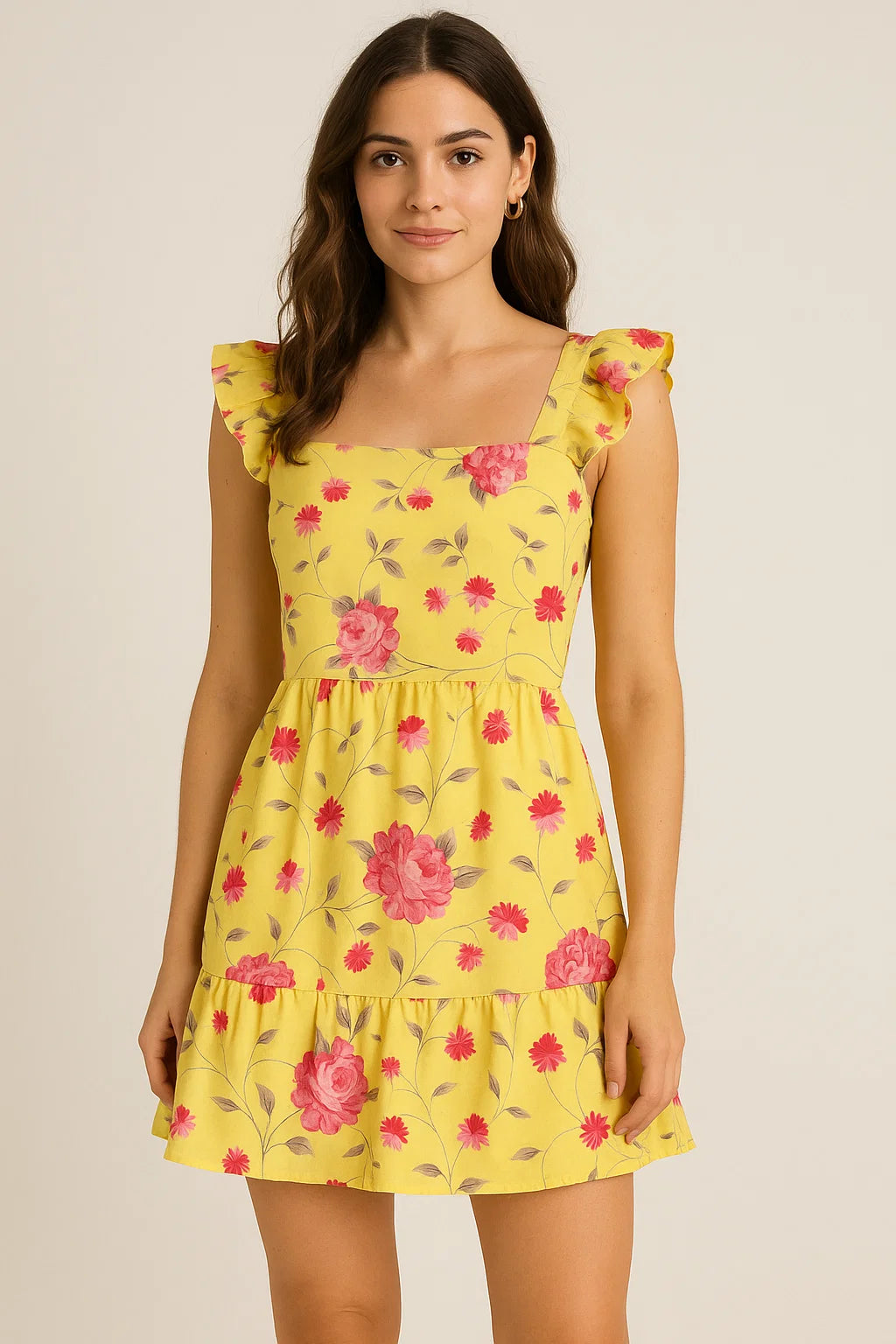 Pink Flower On Lemon Yellow Digital Printed Fabric  - Pure Cotton