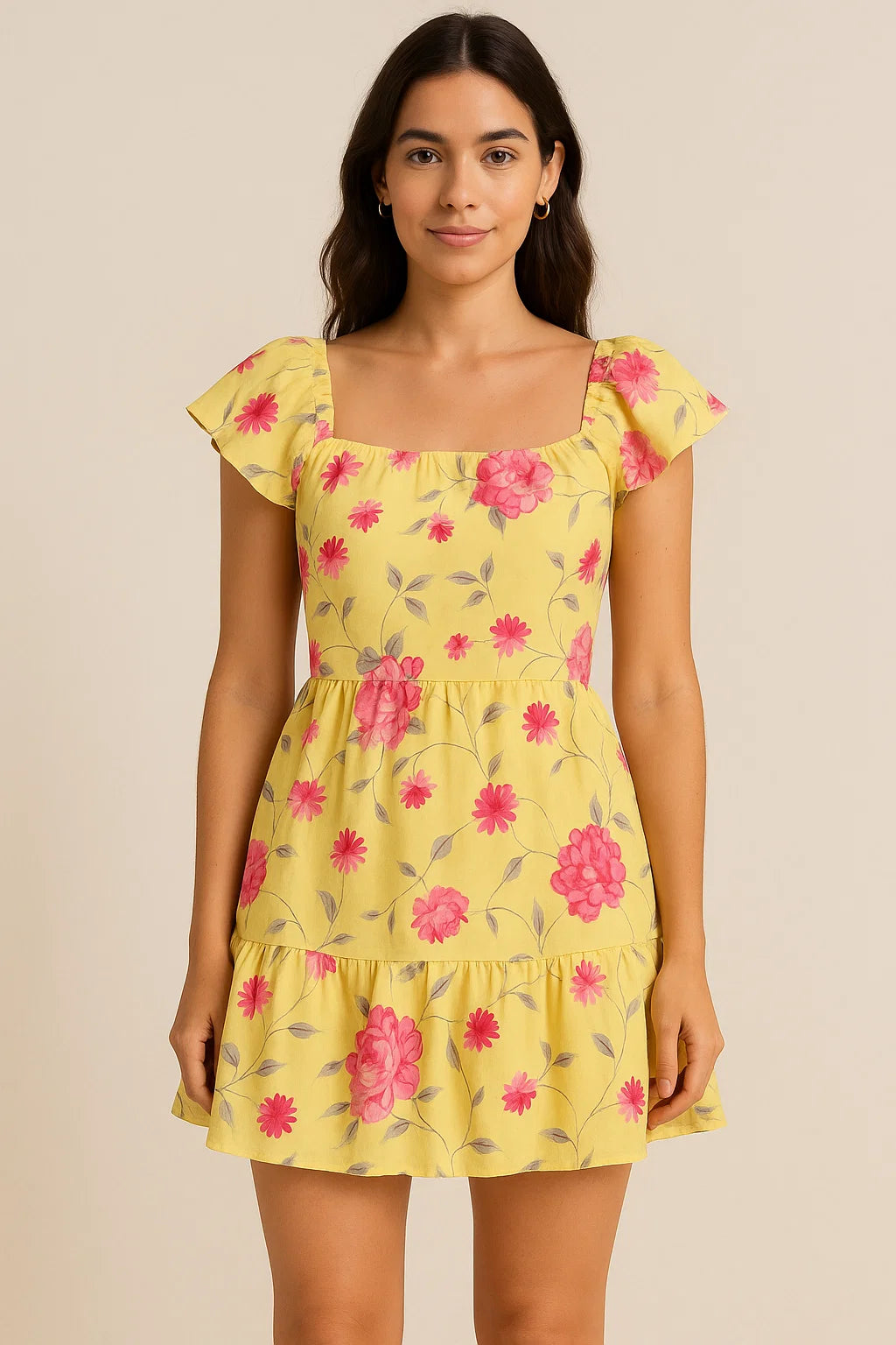 Pink Flower On Lemon Yellow Digital Printed Fabric  - Pure Cotton