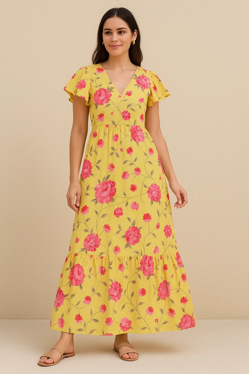 Pink Flower On Lemon Yellow Digital Printed Fabric  - Pure Cotton