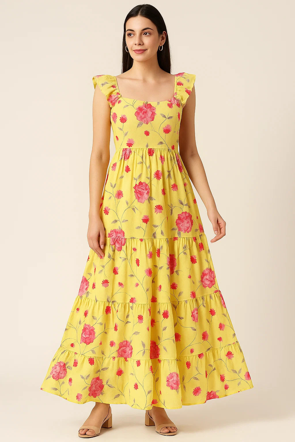 Pink Flower On Lemon Yellow Digital Printed Fabric  - Pure Cotton