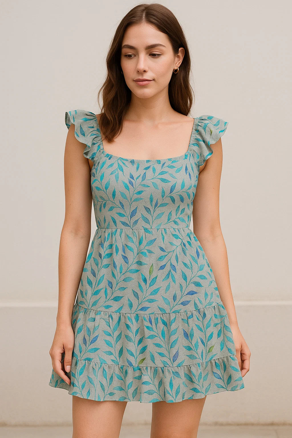 Green And Bluish Leaves Motif Digital Printed Fabric  - Pure Cotton