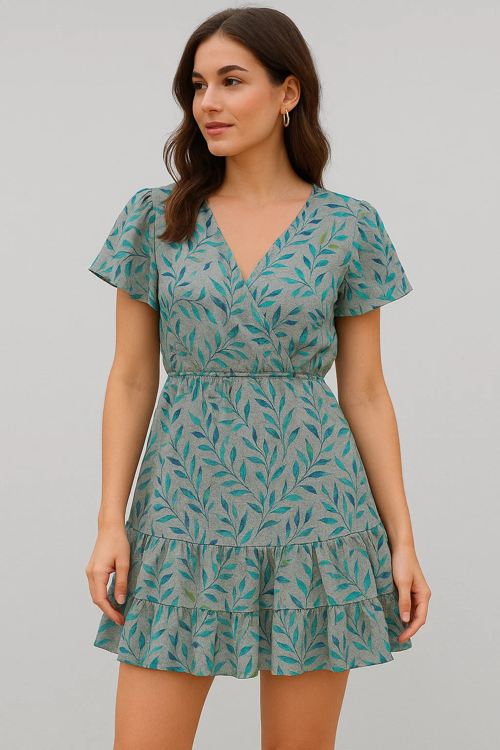 Green And Bluish Leaves Motif Digital Printed Fabric  - Pure Cotton