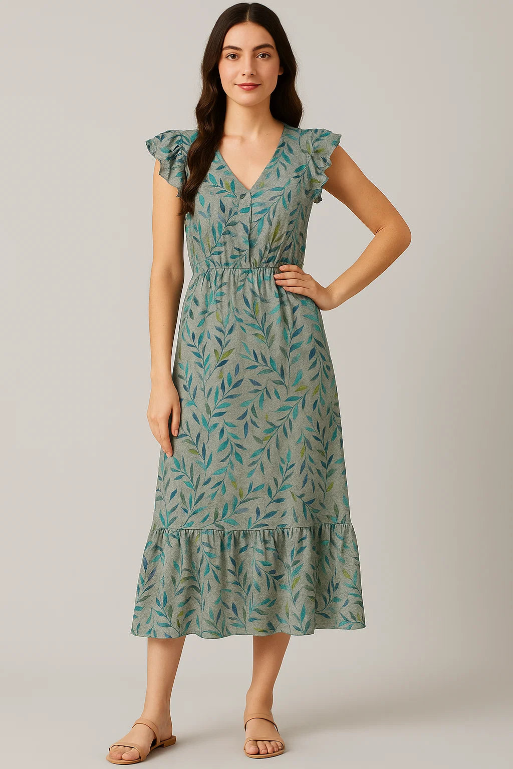 Green And Bluish Leaves Motif Digital Printed Fabric  - Pure Cotton