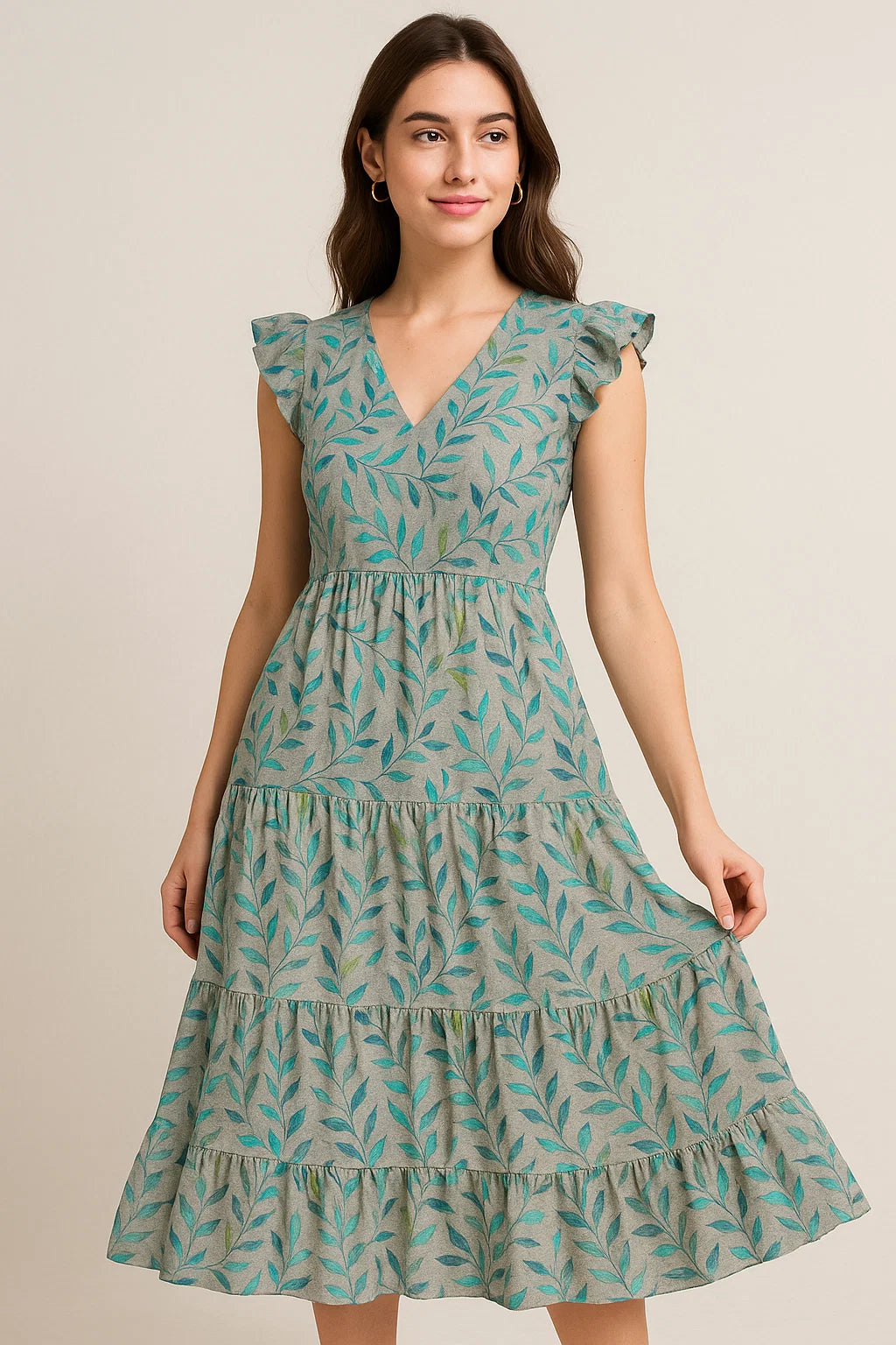 Green And Bluish Leaves Motif Digital Printed Fabric  - Pure Cotton