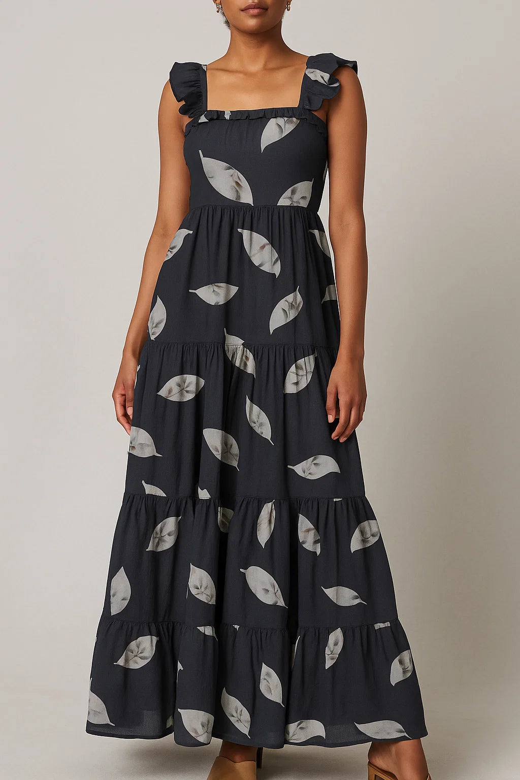 Leaves Print On Dark Grey Base Digital Printed Fabric