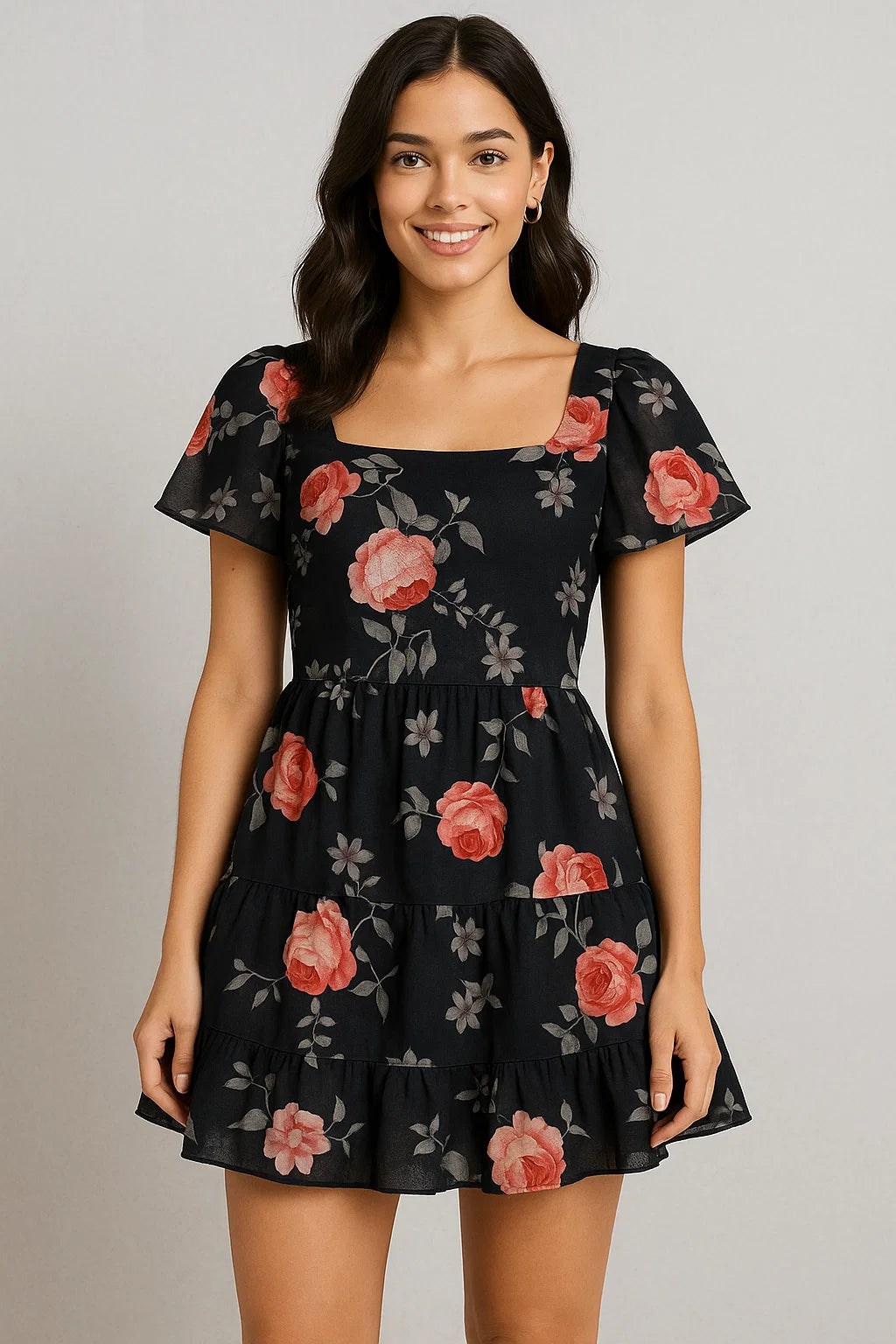 Elegant Floral Over Black Base Digital Printed Fabric