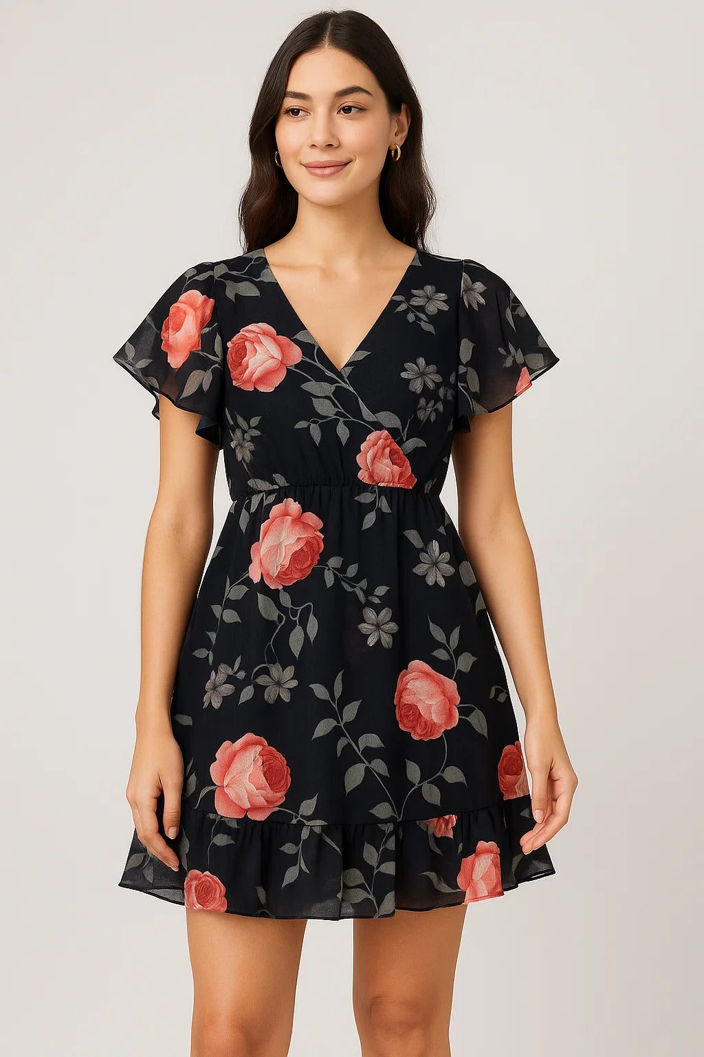 Elegant Floral Over Black Base Digital Printed Fabric