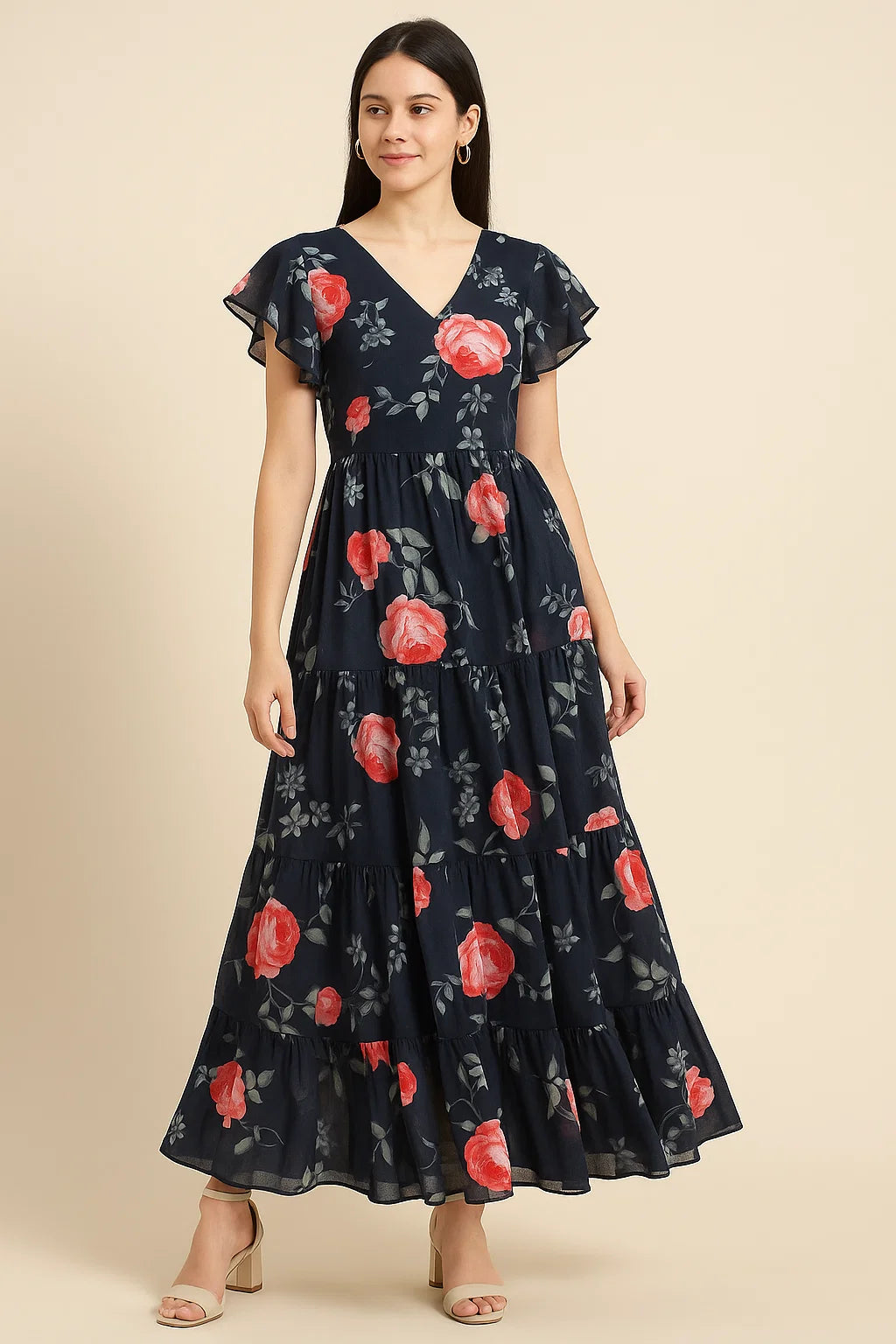 Elegant Floral Over Black Base Digital Printed Fabric