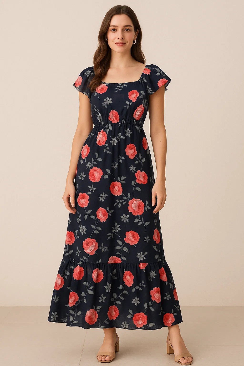 Elegant Floral Over Black Base Digital Printed Fabric