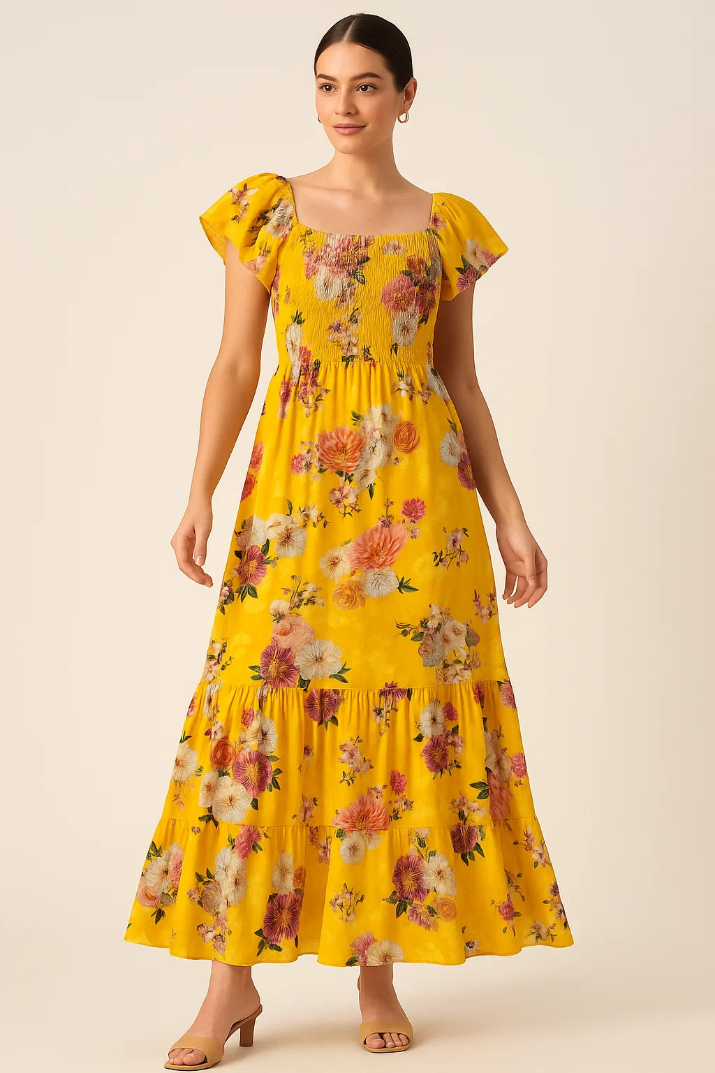 Beautiful Yellow Base Floral Bunch Digital Printed Fabric