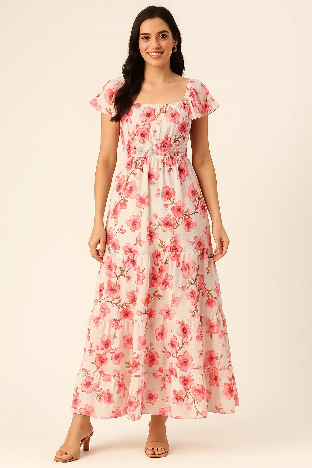 Beautiful Red Flowers over White Base Digital Printed Fabric