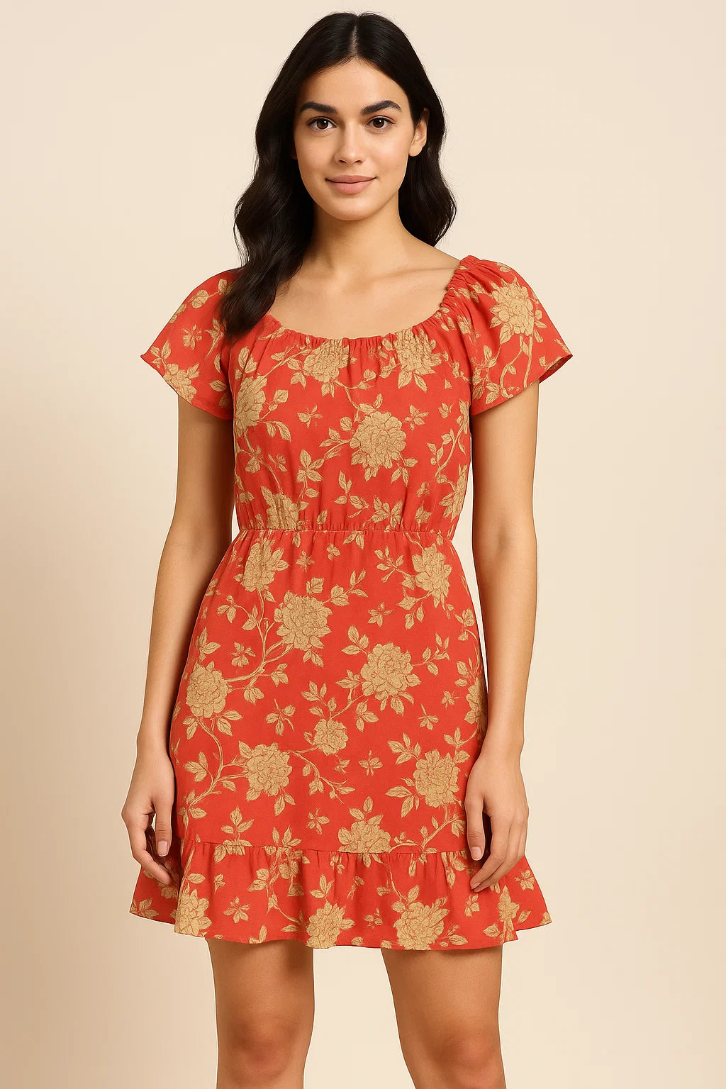 Flower Bunch On Dreamy Orange Digital Printed Fabric  - Pure Cotton