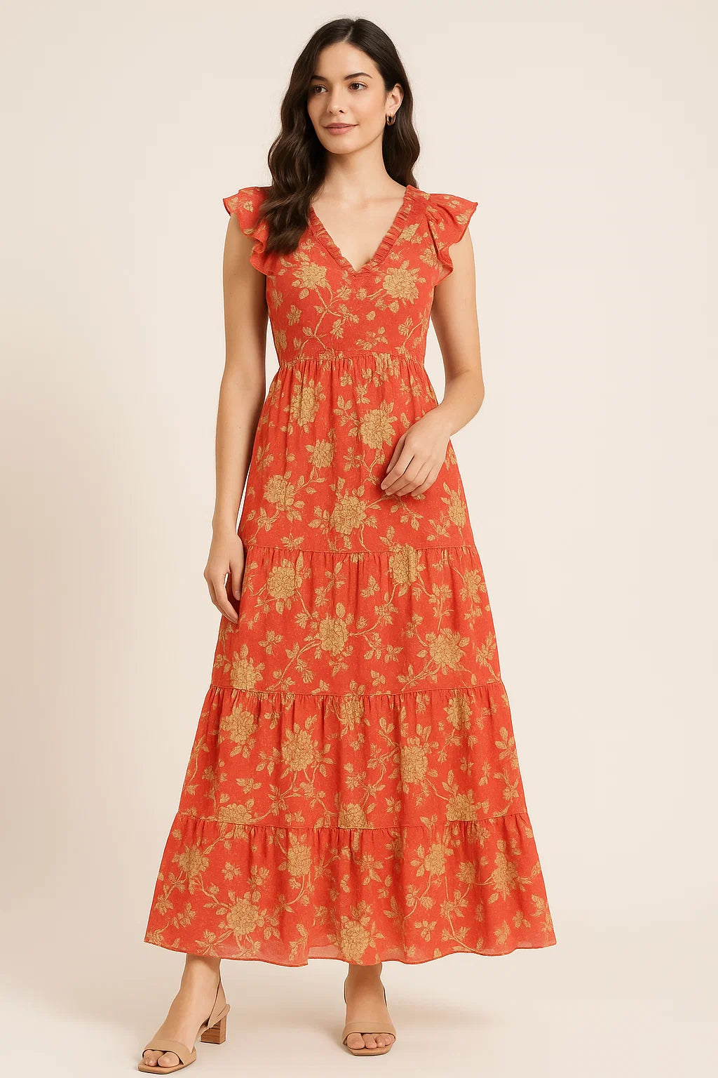 Flower Bunch On Dreamy Orange Digital Printed Fabric  - Pure Cotton