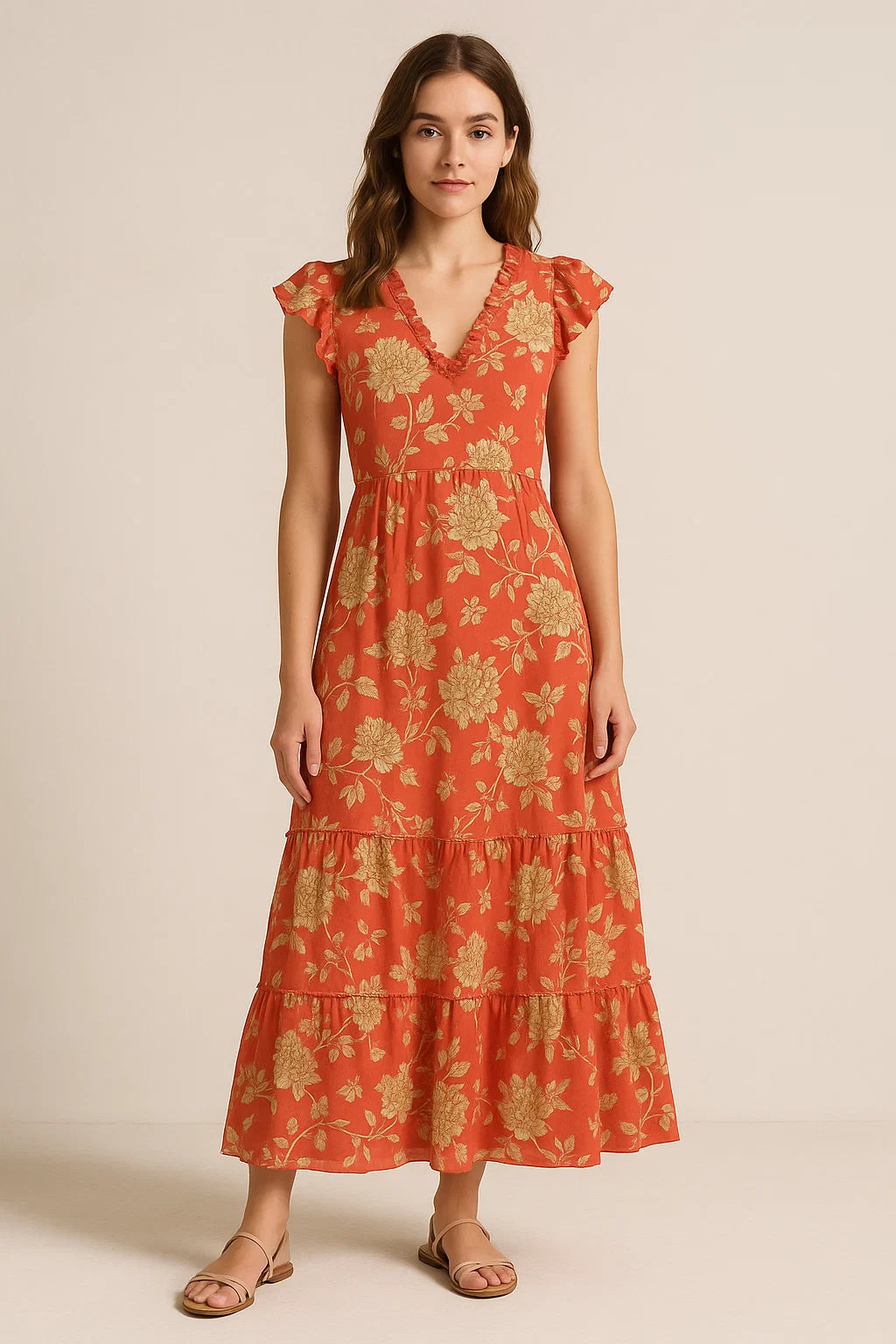 Flower Bunch On Dreamy Orange Digital Printed Fabric  - Pure Cotton