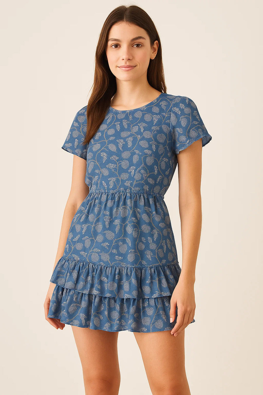 White Jasud Flower With Stalk Digital Printed Fabric - Pure Cotton