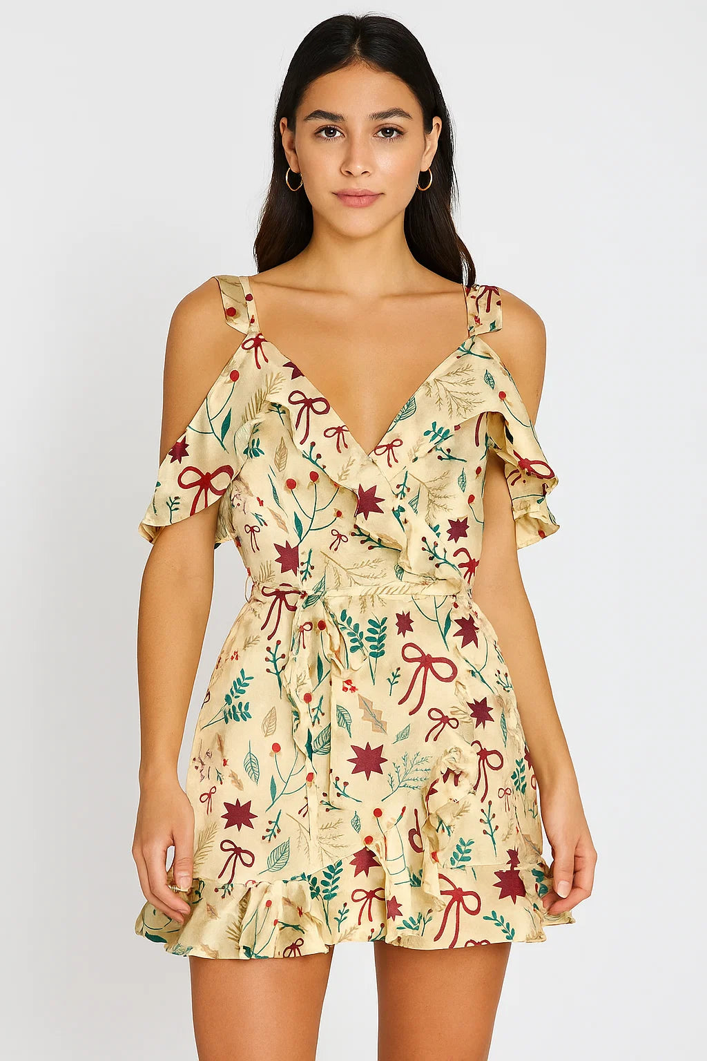 Classy Christmas Cream Red Japan Satin Printed Fabric