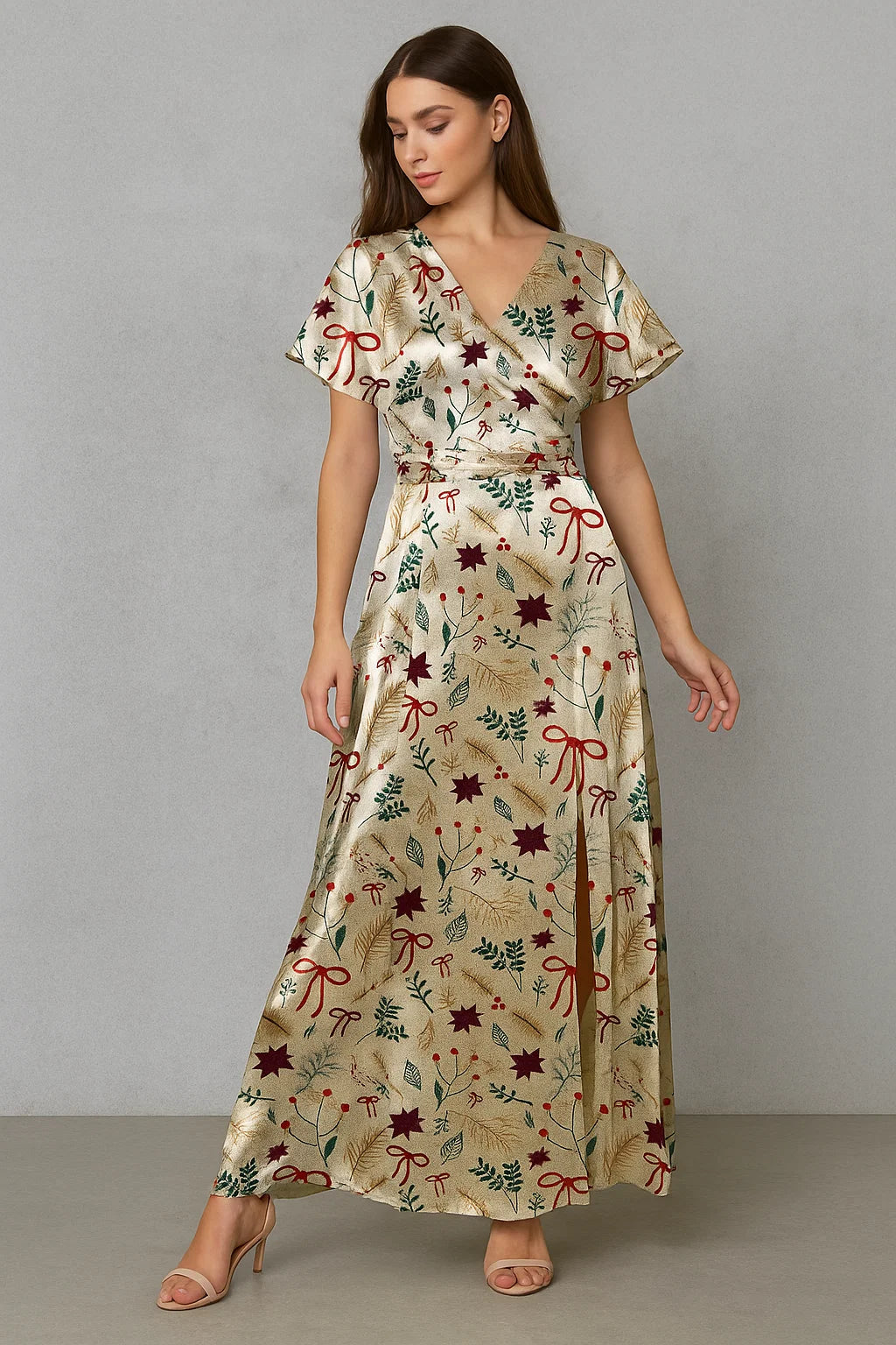 Classy Christmas Cream Red Japan Satin Printed Fabric