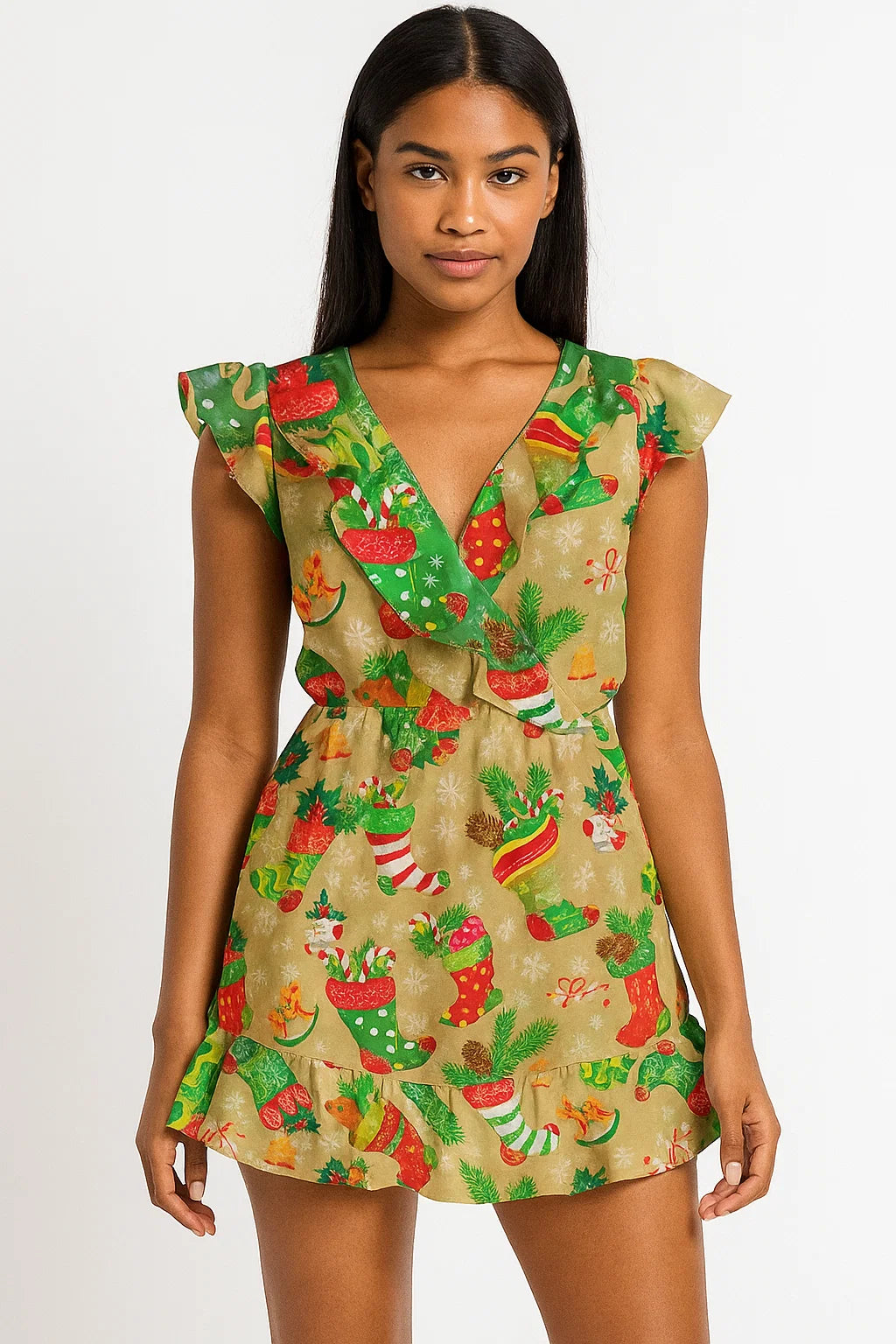 Classy Green & Red Christmas Design Japan Satin Printed Fabric