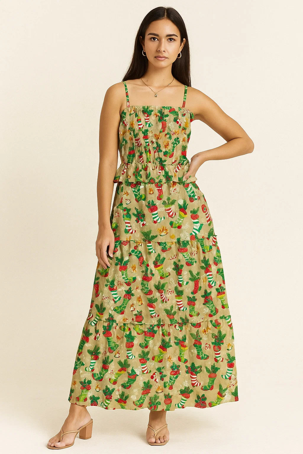 Classy Green & Red Christmas Design Japan Satin Printed Fabric