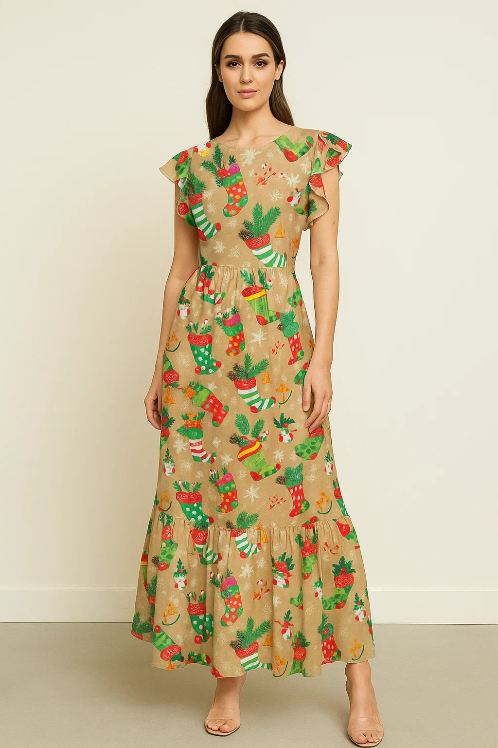 Classy Green & Red Christmas Design Japan Satin Printed Fabric