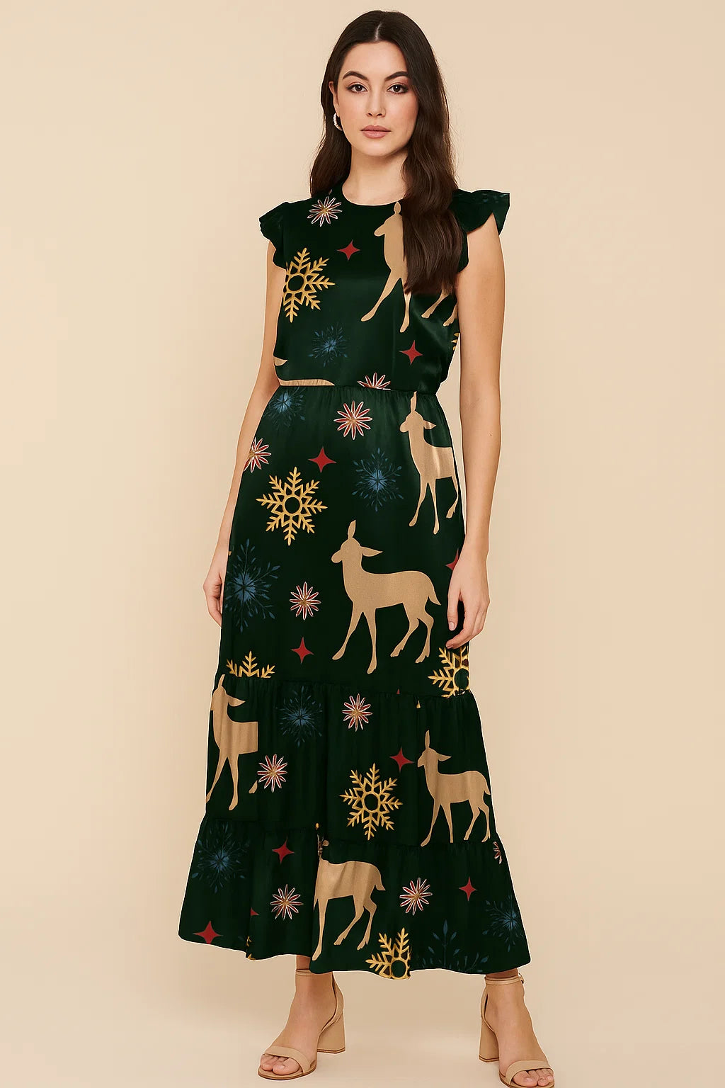 Classy Green & Red Christmas Design Japan Satin Printed Fabric