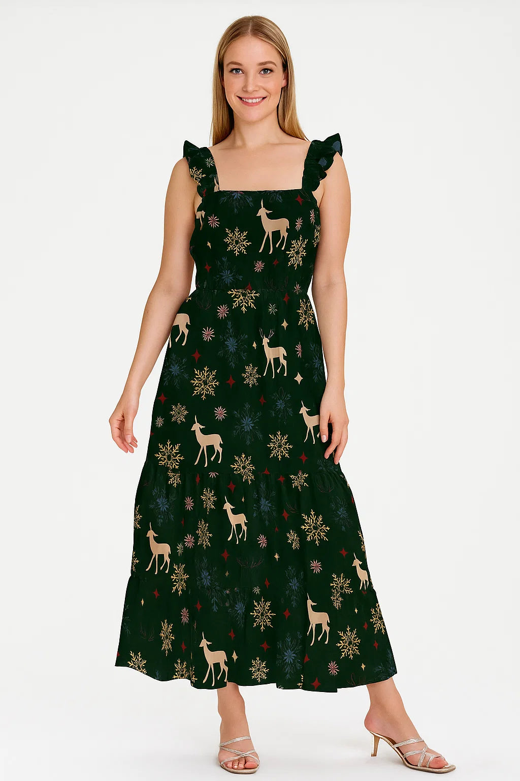 Classy Green & Red Christmas Design Japan Satin Printed Fabric