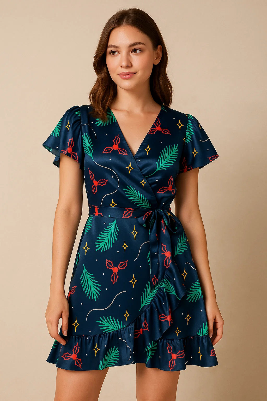 Classy Blue Christmas Printed Japan Satin Digital Fabric