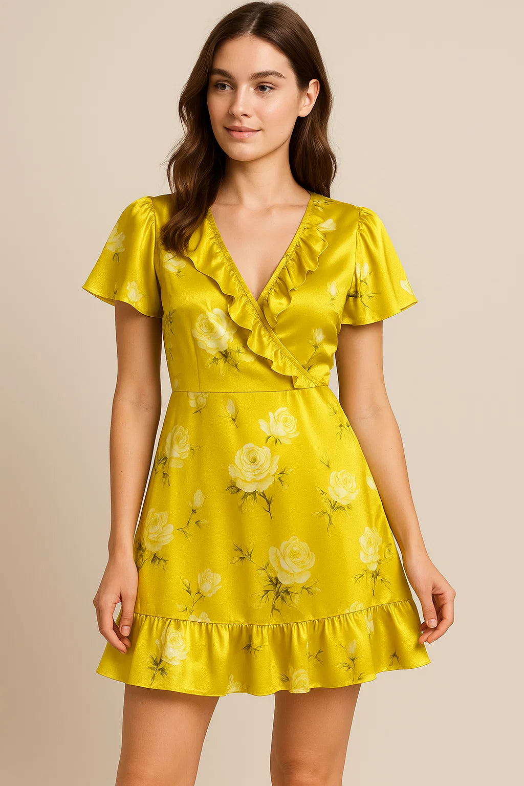 Classy Yellow Floral Digital Printed Japan Satin Fabric