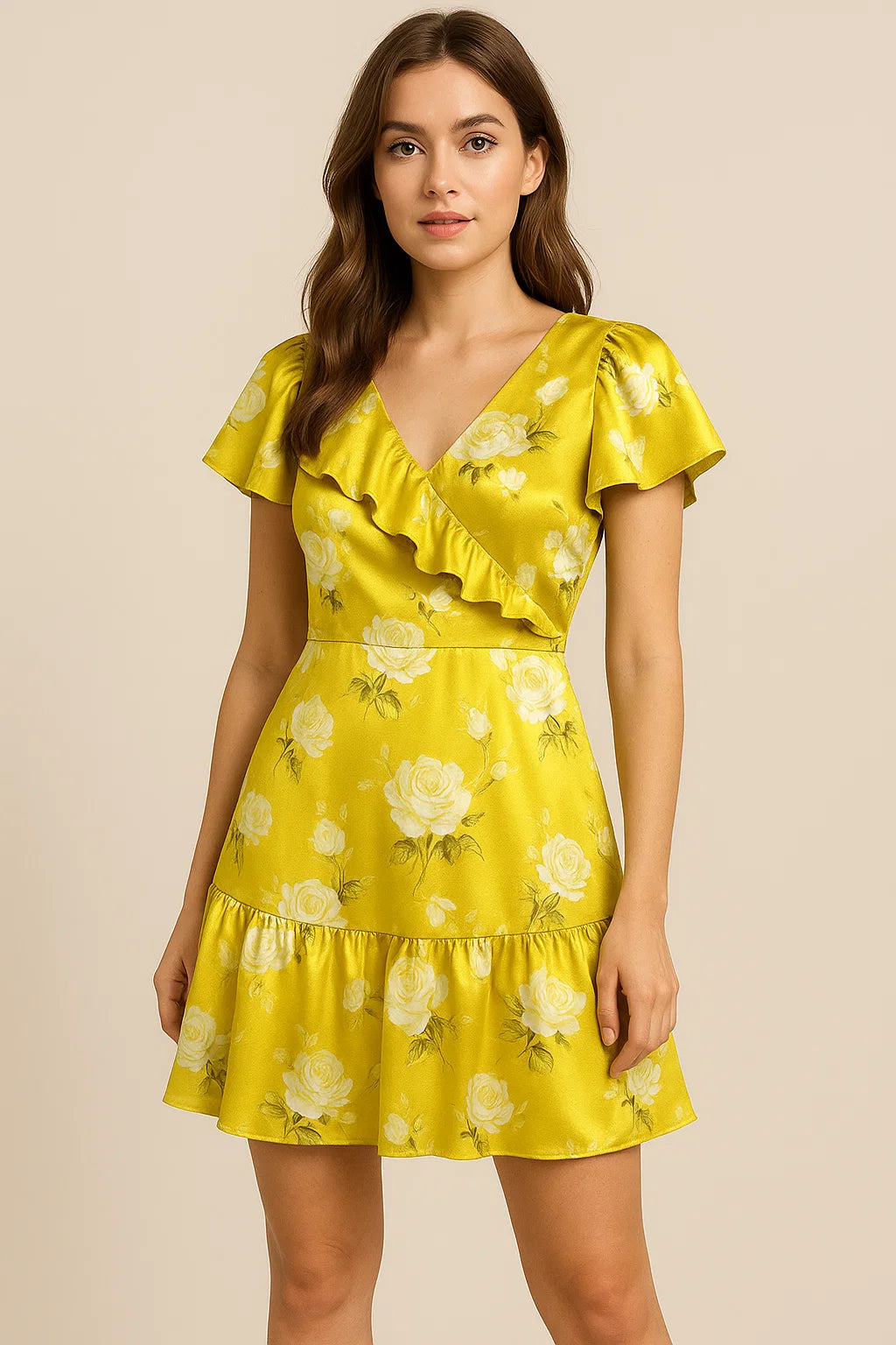 Classy Yellow Floral Digital Printed Japan Satin Fabric