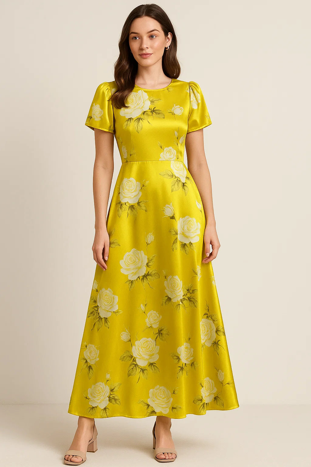 Classy Yellow Floral Digital Printed Japan Satin Fabric